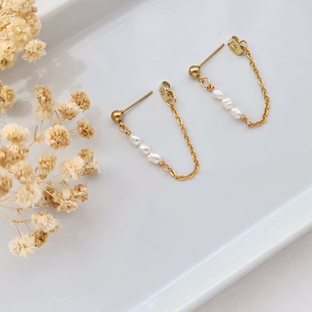 Stainless steel gouden ketting oorbellen met zoetwaterparels