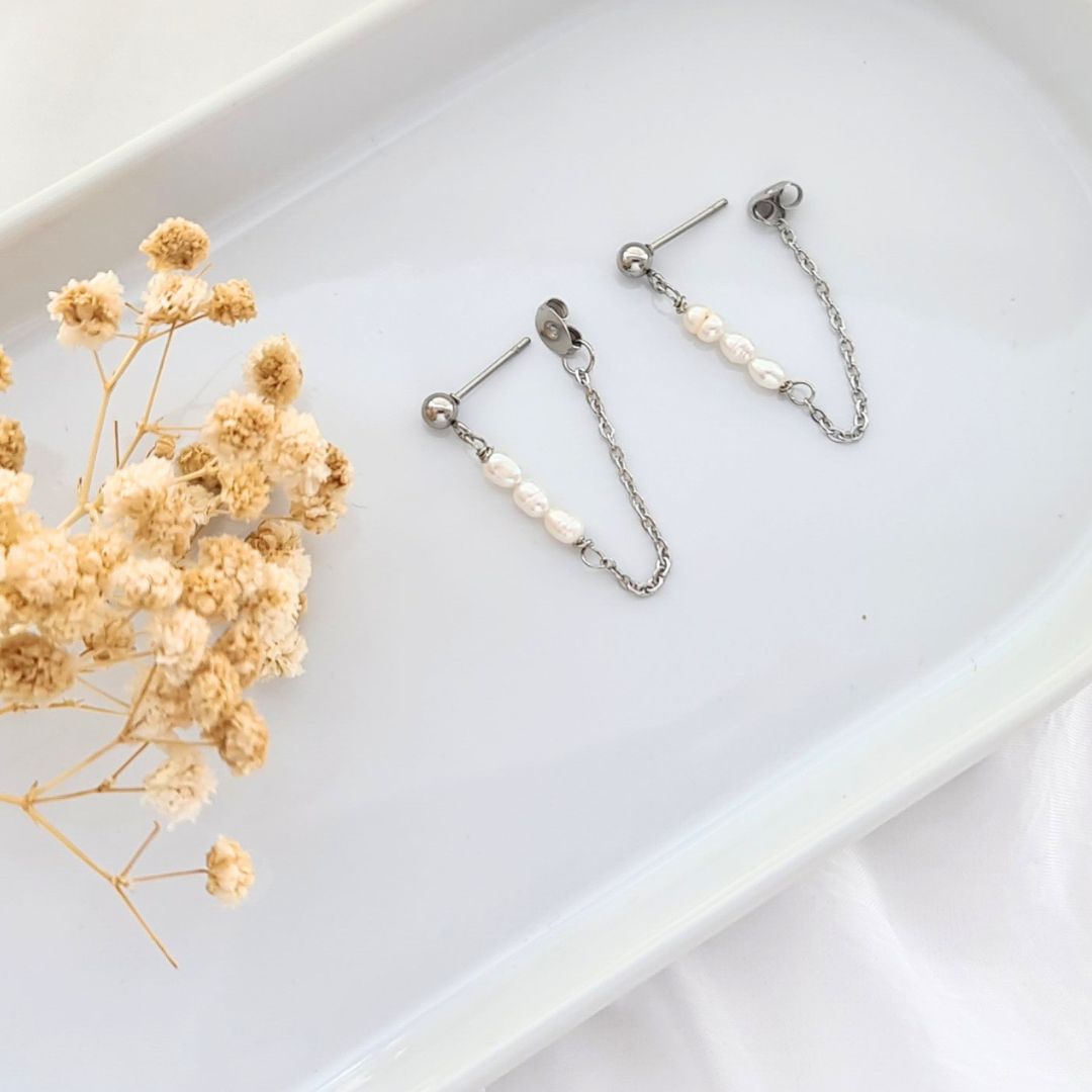 Stainless steel zilveren ketting oorbellen met zoetwaterparels