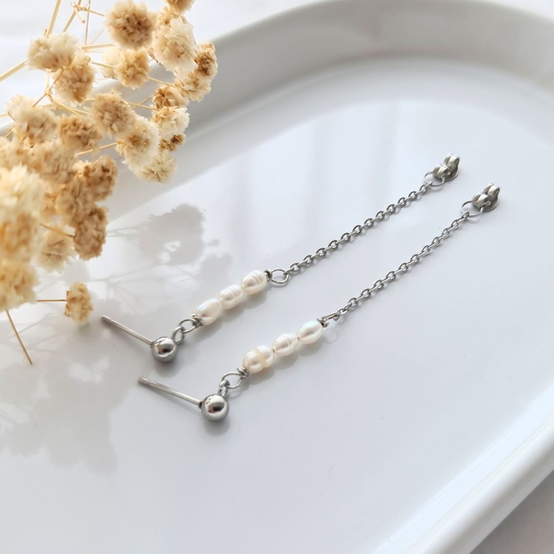 Stainless steel zilveren ketting oorbellen met zoetwaterparels
