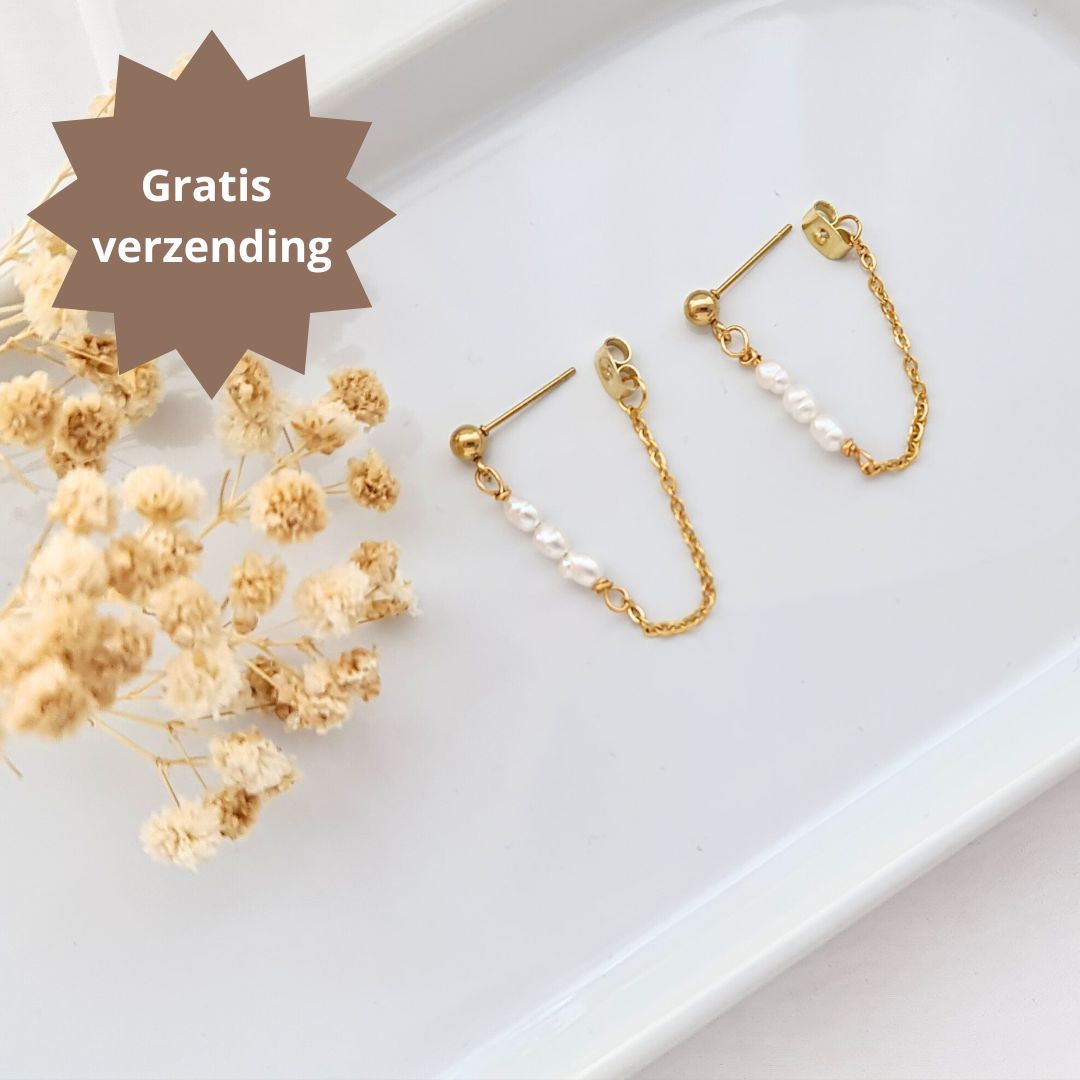 Stainless steel gouden ketting oorbellen met zoetwaterparels