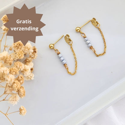 Stainless steel gouden kettingoorbellen met grijze zoetwaterparels